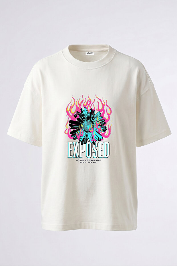 Flower Fire Design Back Printed Cotton White Oversize T-Shirt