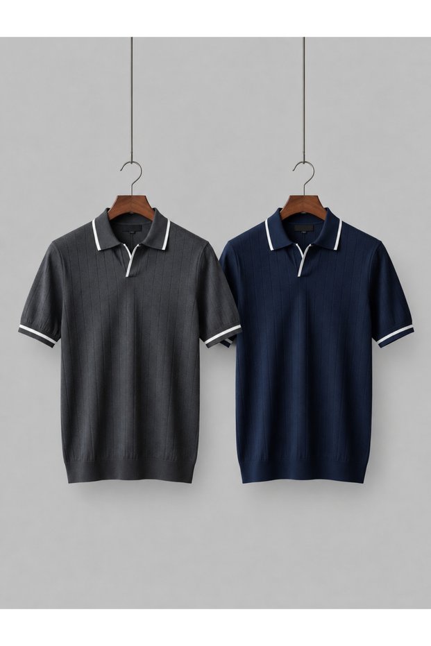 2-Pack Advantageous Set Men's Short-Sleeved Summer Polo Collar Knitwear T-Shirt 100% Cotton Hemire Model Basic T-Shirt