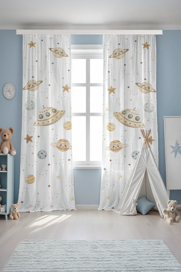 Space Travelers Patterned Children's Baby Room Background Curtain (Single Panel Pricing)