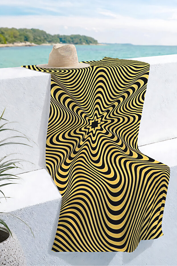 منشفة شاطئ ذات خطوط هندسية وهمية بصرية - منشفة من الألياف الدقيقة سريعة الجفاف باللونين الأصفر والأسود