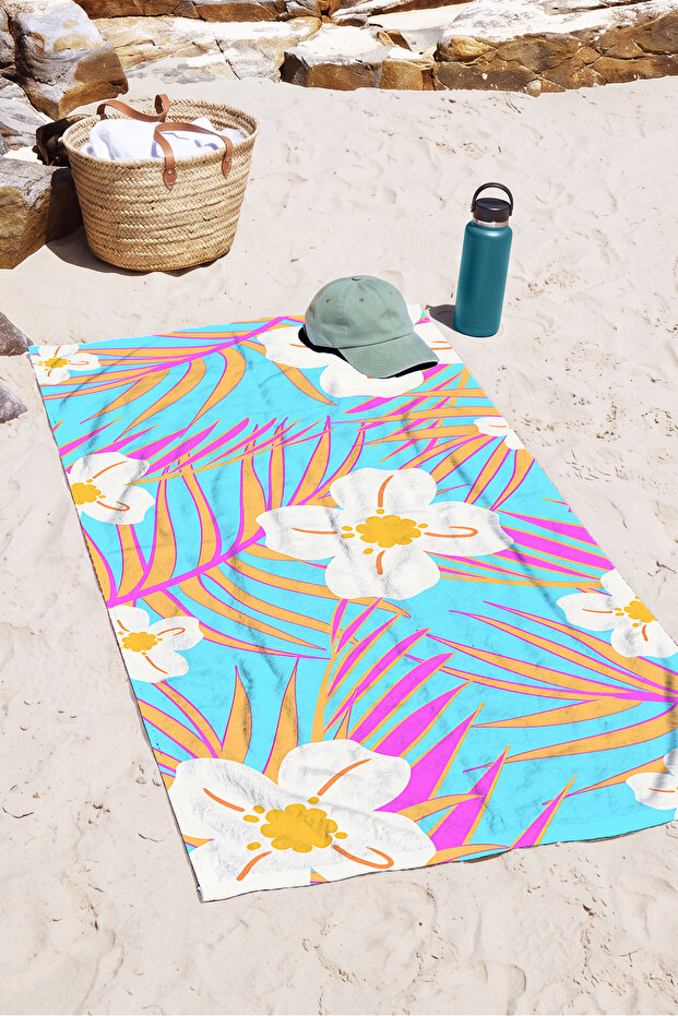 Tropical Floral Palm Leaf Beach Towel - Bohemian Summer Turquoise Quick Dry Microfiber Towel