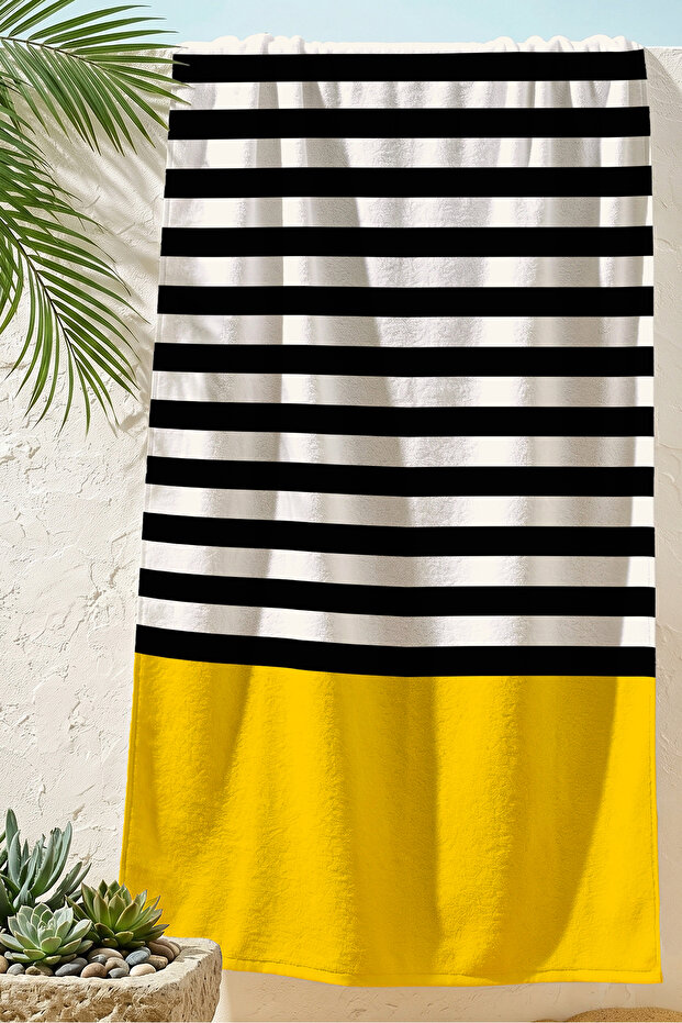 Striped Yellow Black Modern Beach Towel-Minimalist Marine Pool Sea Quick Drying Microfiber Towel