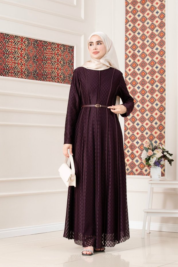 Piping Detailed Belted Lace Hijab Dress-Purple