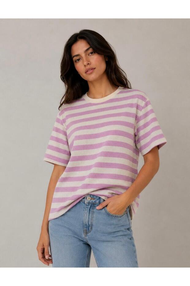 Women's Crew Neck Basic Waffle Short Sleeve T-Shirt Ecru and Pink Striped