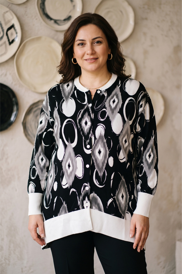 Women's Plus Size Bomber Collar Patterned Long Sleeve Mother Woven Tunic Shirt Blouse
