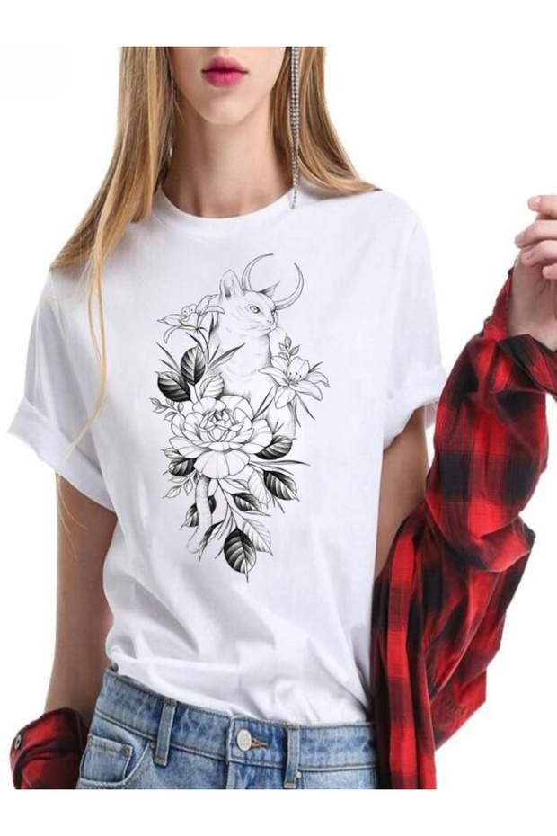 Floral and Cat Pattern Oversized T-Shirt