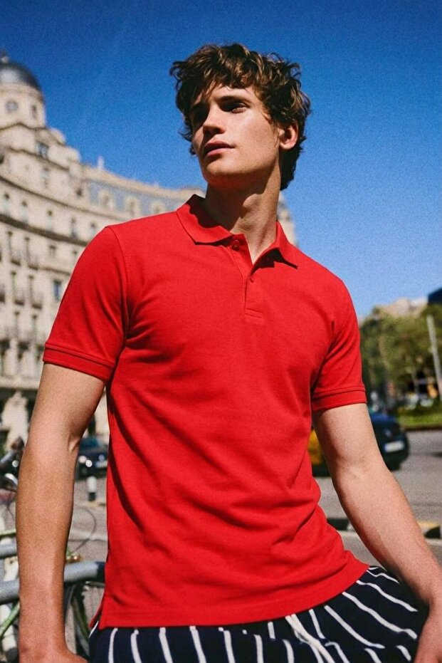 Men's Summer Cotton Red Polo Collar T-Shirt