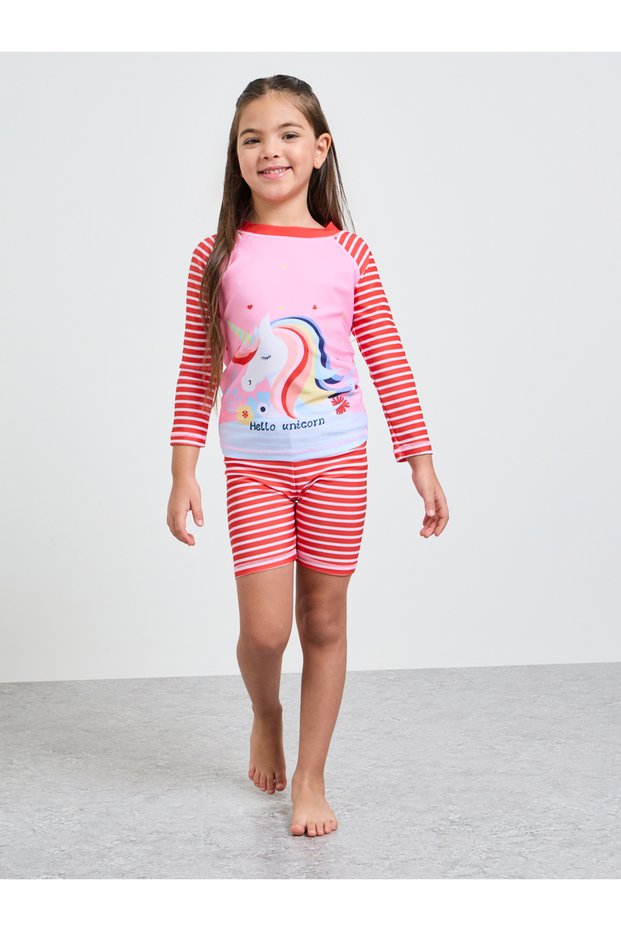 Girls Striped Graphic Print T-Shirt and Swim Shorts Set