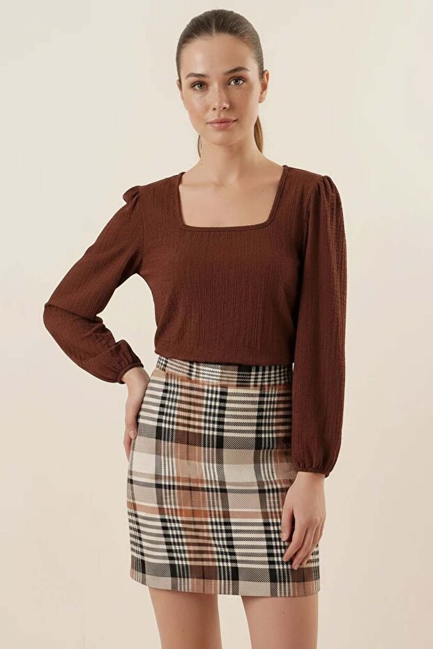 Women's Square Neck Embossed Fabric Brown Blouse