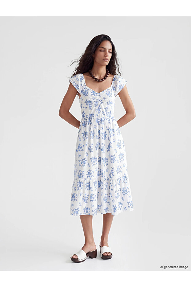 Blue Floral Gathered Waist Dress