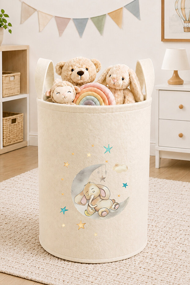 Sleeping Elephant Moon Printed Toy Basket 50X40 cm Baby and Children's Room Cream Felt Organizer Basket