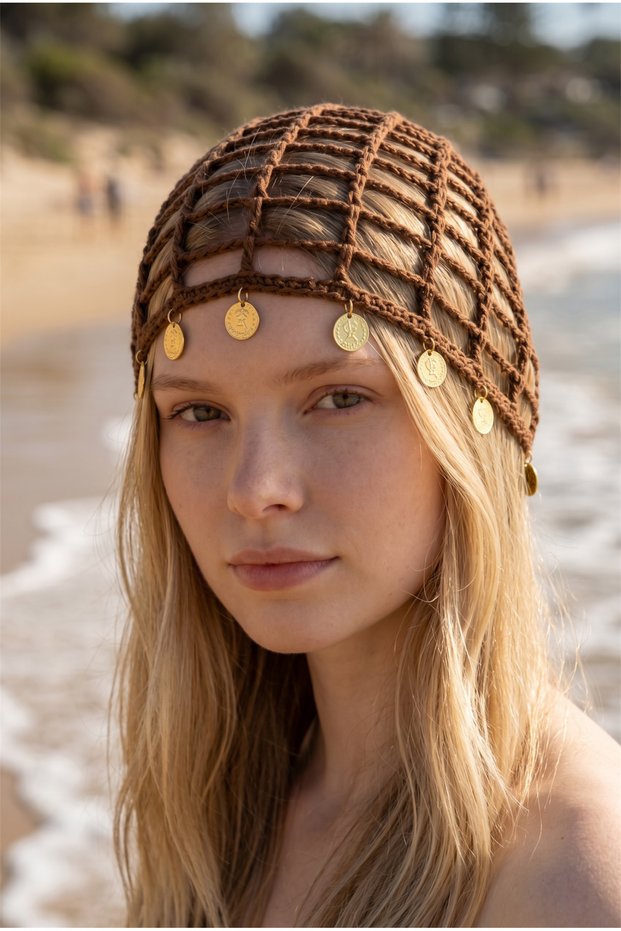 Knitted Bohemian Tura Detailed Brown Mesh Bandana, Hat, Hair Accessory