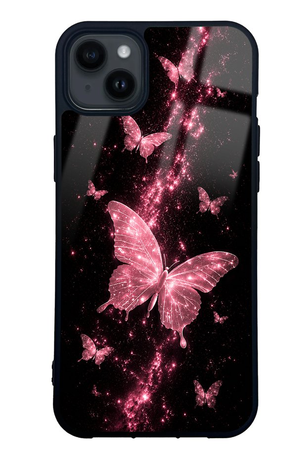 iPhone 14 Plus Pink Galaxy Butterfly Design Glossy Phone Case