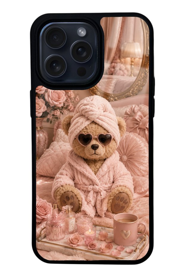 iPhone 15 Pro Max Glossy Phone Case with Pink Teddy Spa Design