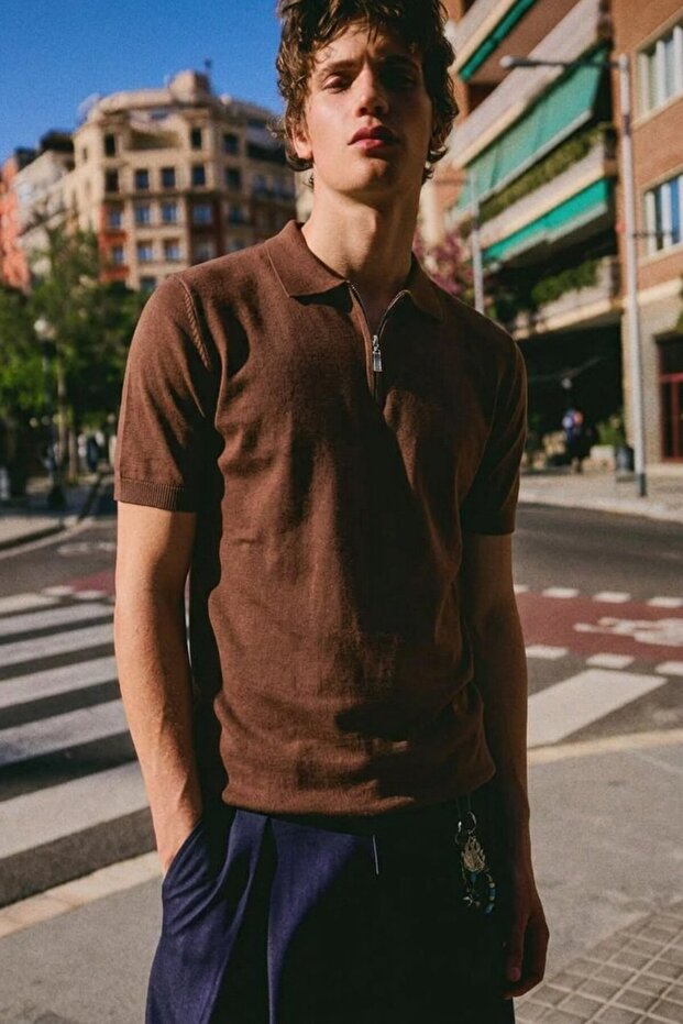 Men's Zippered Cotton Coffee Polo Collar T-Shirt