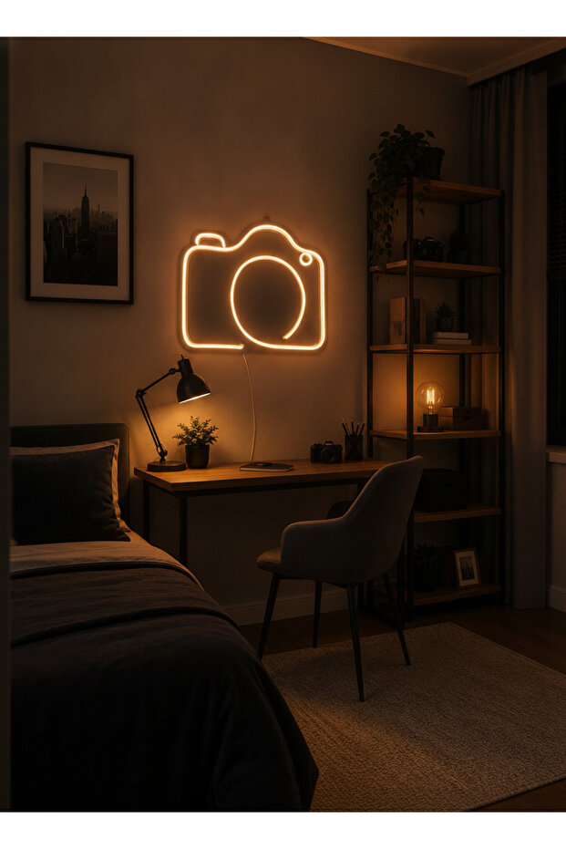 Kamera Figürlü LED Neon Tablo | Amber Aydınlatmalı Dekor | Fotoğrafçı Hediyesi - 2
