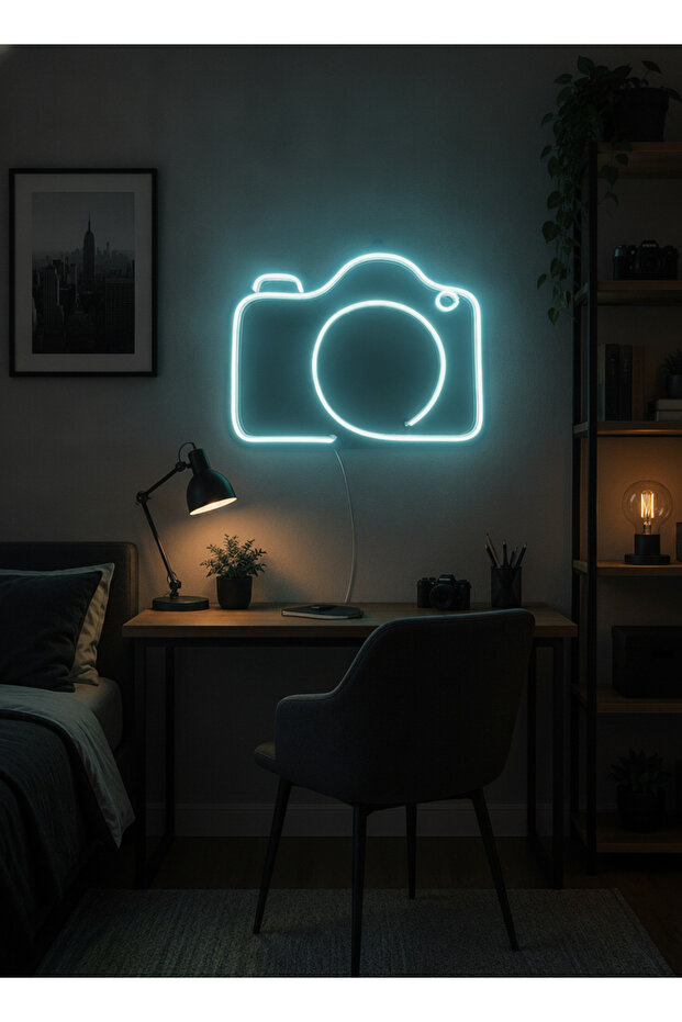 Kamera Figürlü LED Neon Tablo | Buz Mavisi Aydınlatmalı Dekor | Fotoğrafçı Hediyesi - 1