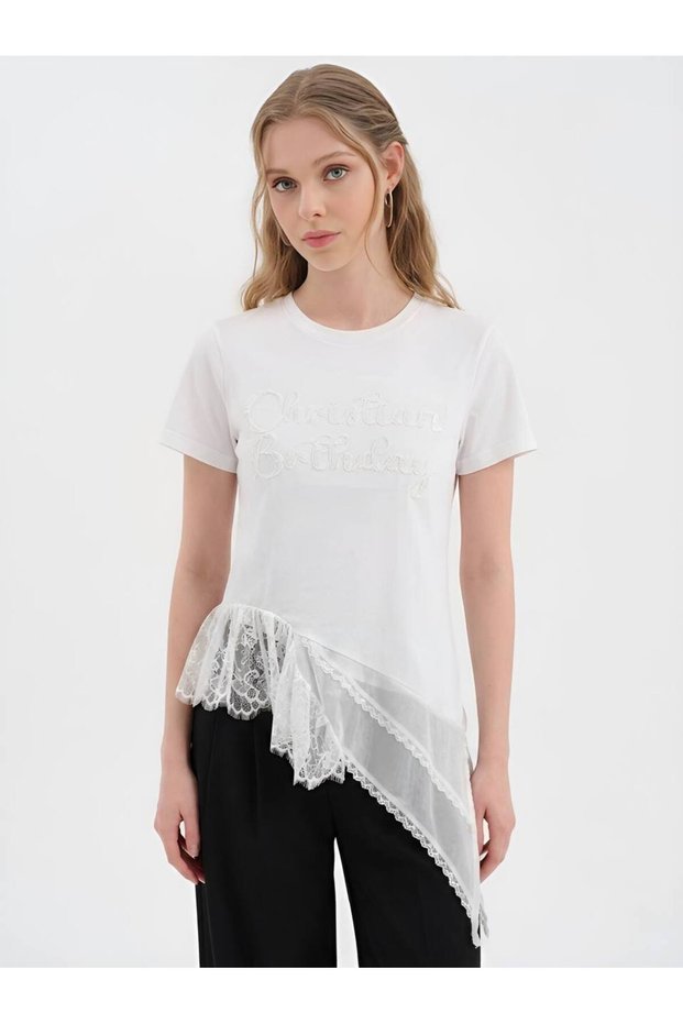 Women's T-Shirt with Bead Embroidery Detail on the Front and Ruffled Hem Design