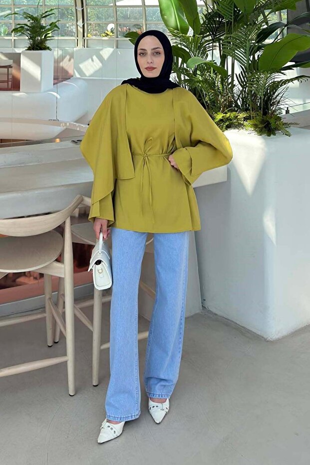 Oversized Tunic with Cape Detail in Oil Green
