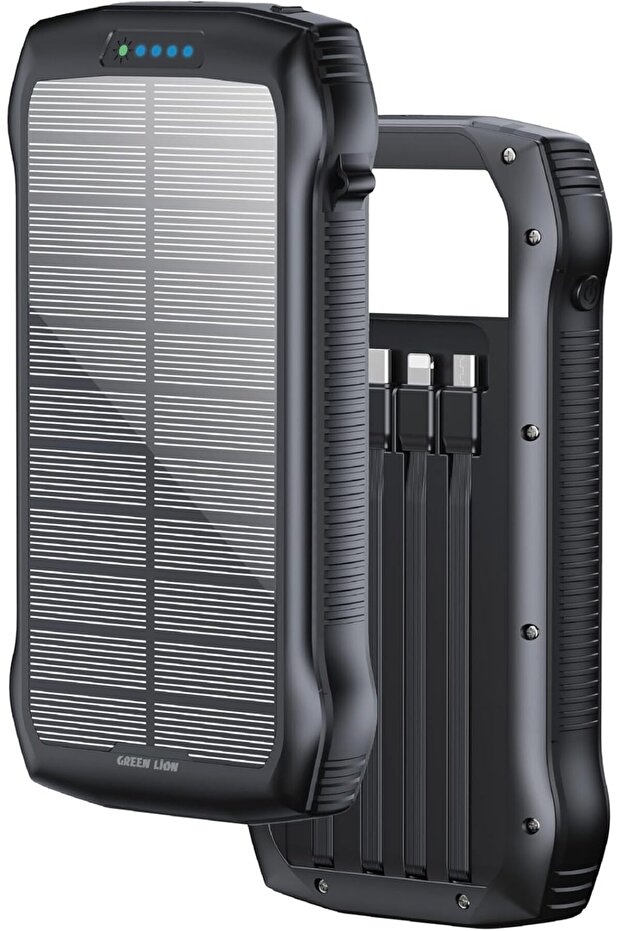 Solar Power Bank 20000mAh, 22.5W QC & 20W PD, 4× Built-in USB Cables, 4-Mode LED Flashlight