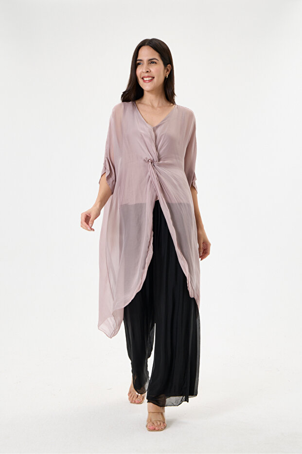 Powder Italian Special Design Front Slit Bat Sleeve Lined Silk Tunic Blouse Size 38 - 44