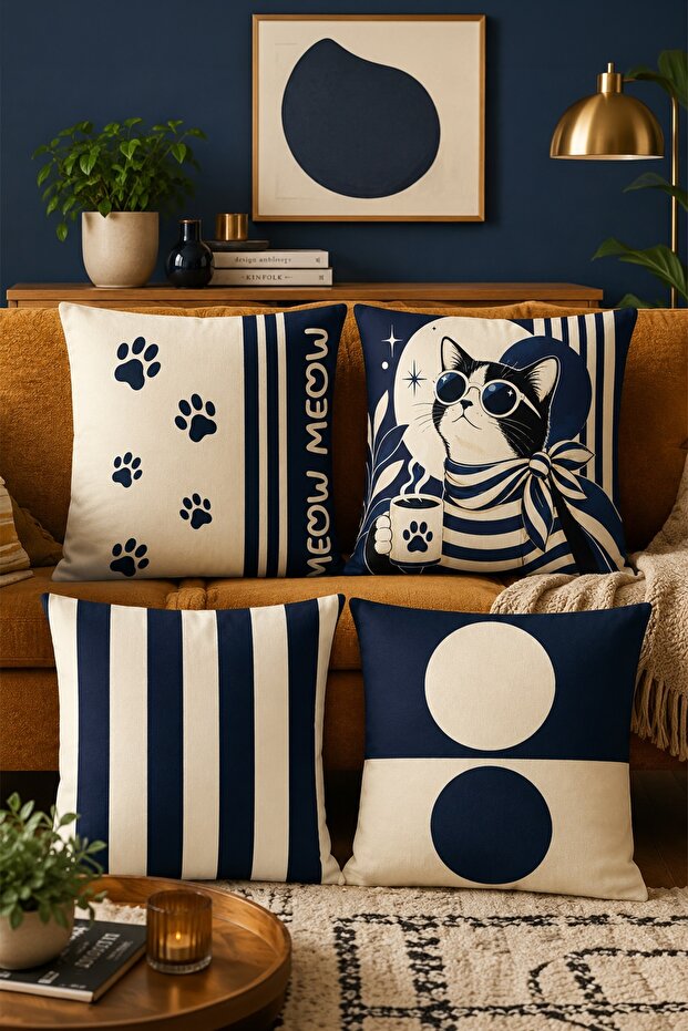 Navy Blue Bohemian Cat Patterned 4-Piece Throw Pillow Cover Set