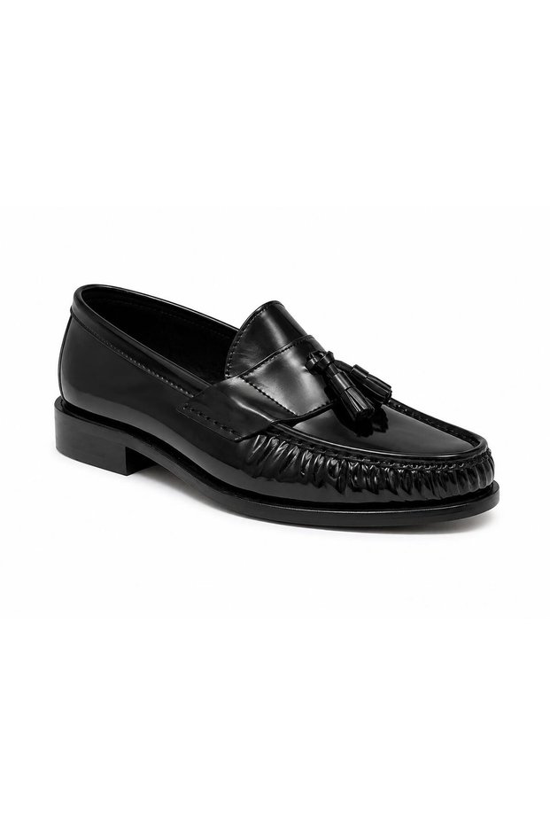 Men's Burgundy Patent Leather Tasseled Loafer Shoes-Short Heeled Classic Moccasins