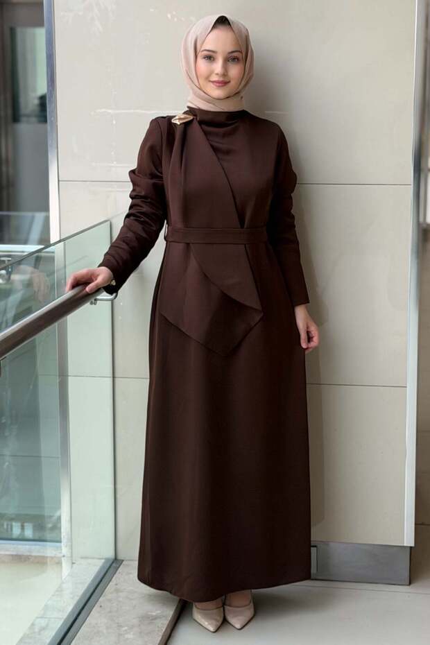Evening Dress with Cape Sleeves and Accessory Detail on the Shoulder