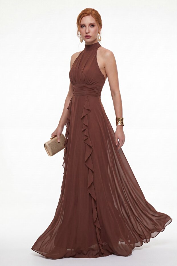 Women's Brown Halter Neck Chiffon Long Evening Dress