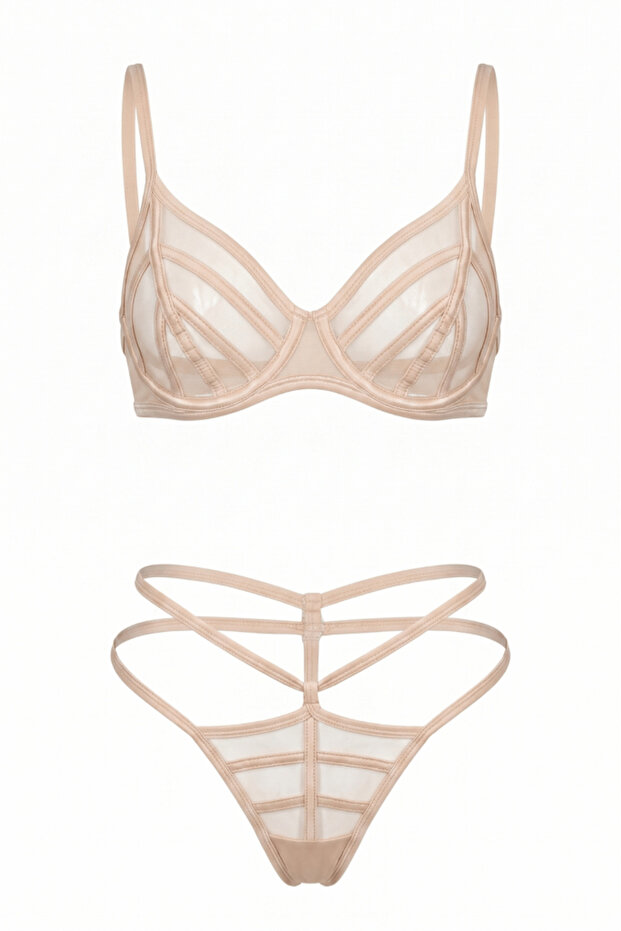 Vespera Aura - Nude Color Thin Tulle and Ribbon Detailed Bra Set