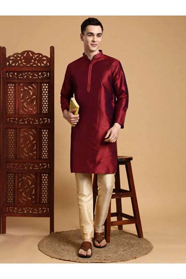 Mens Maroon Self Design Jacquard Silk Kurta Set