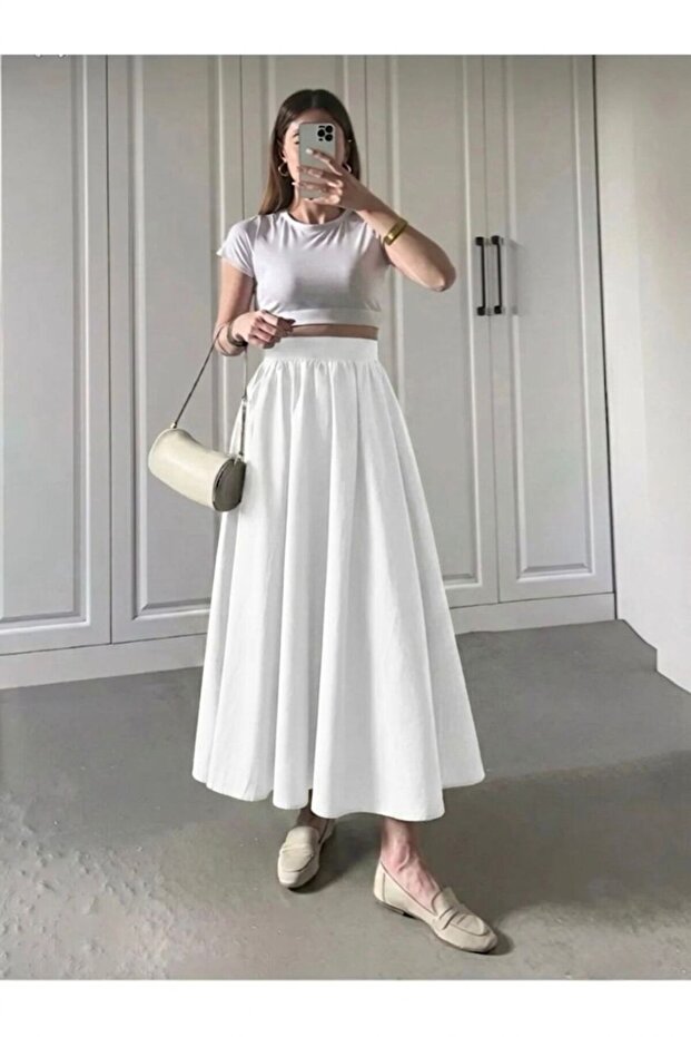 White Double Skirt with Elastic Waist and Pockets