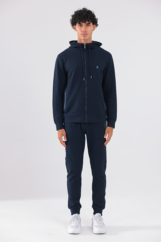 Honeycomb Textured Zippered Hooded Embroidered Logo Men's Tracksuit Set