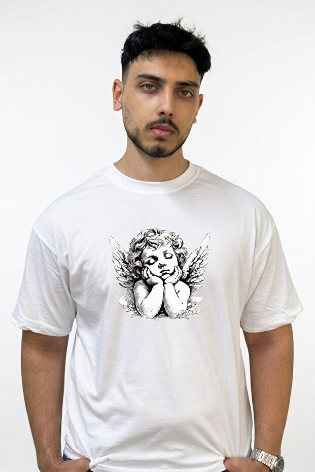 Angel Baby Design Printed Oversize White T-Shirt