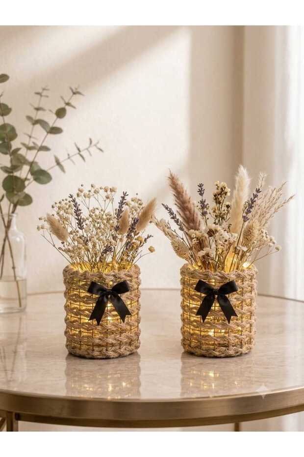 Wicker Weave Led Illuminated Mini Metal Wire Decorative Vase with Ribbon