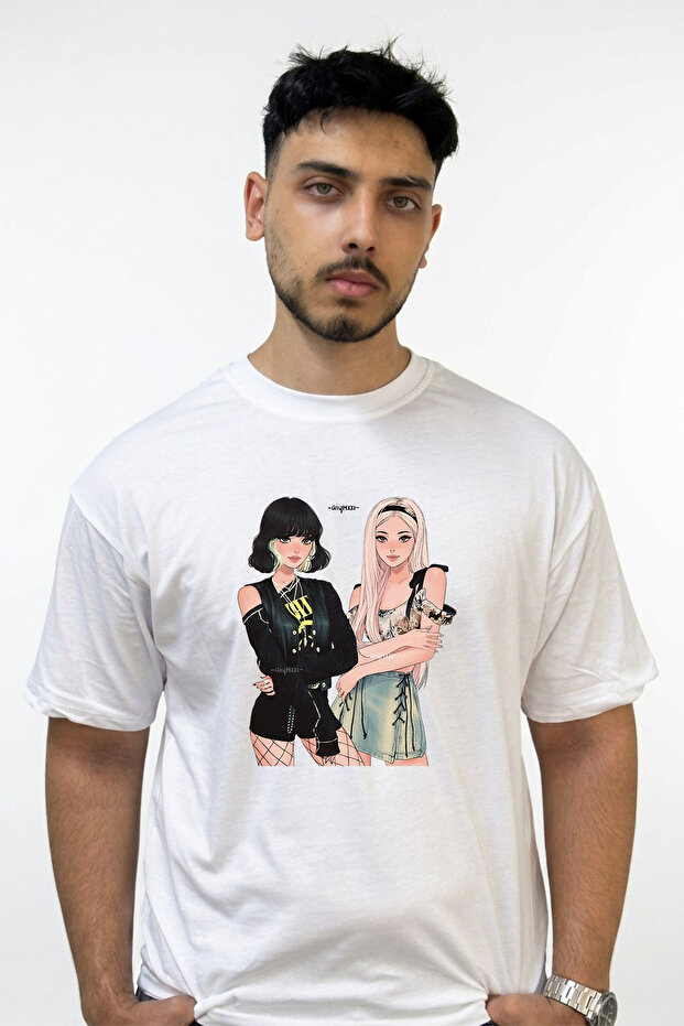 تي شيرت أبيض كبير الحجم مطبوع بتصميم Blackpink Lisa Rose