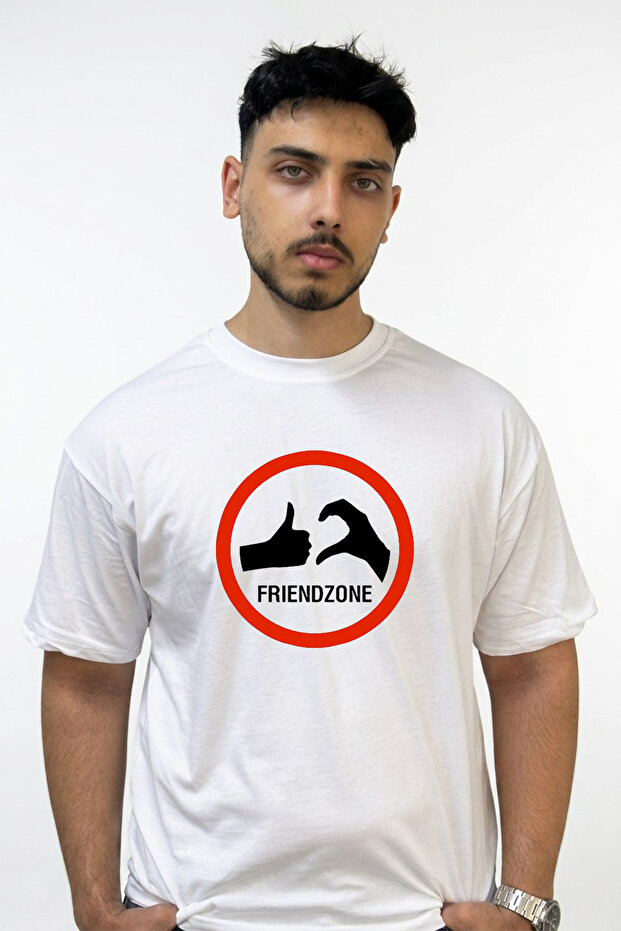 Friendzone Isaret Design Printed Oversize White T-Shirt