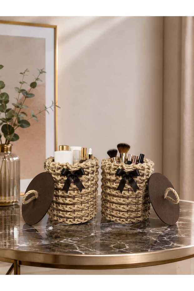 Metal Wire Mesh Decorative Basket Organizer with Wooden Lid, Set of 2, Handmade