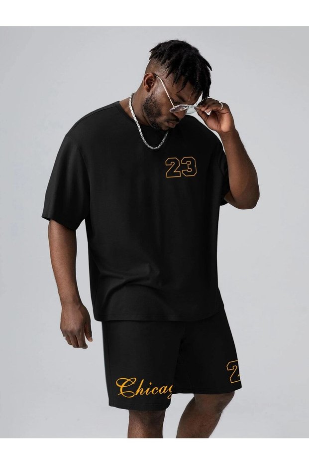 Unisex Oversize Chicago 23 Printed Black Crew Neck T-Shirt Shorts