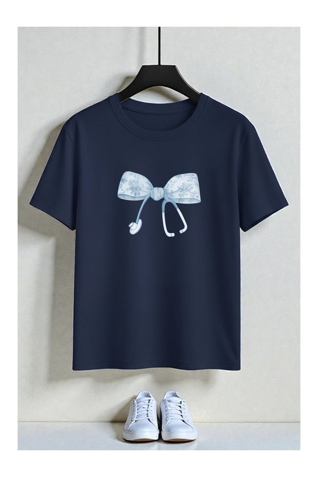 Women's Cotton Bow and Headphone Print Oversize Crew Neck Casual T-Shirt