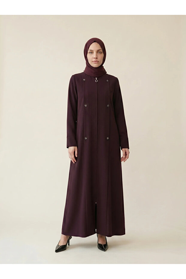 Pile Detailed Double Cuffed Zippered Coat with Pockets, Crew Neck, 4 Seasons, Plum, 9554-26