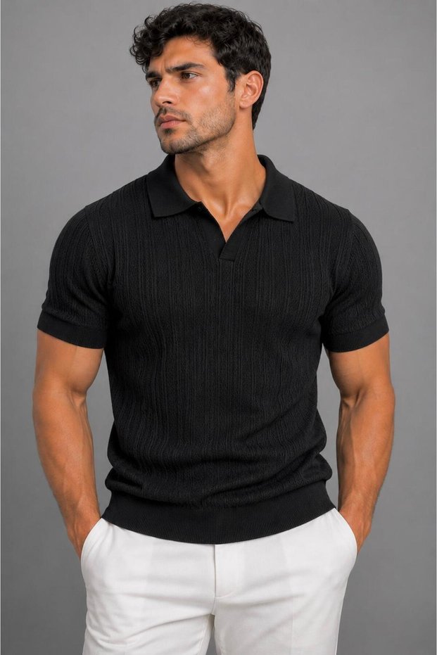 Men's T-Shirt Black Polo Collar Knitwear Short Sleeve