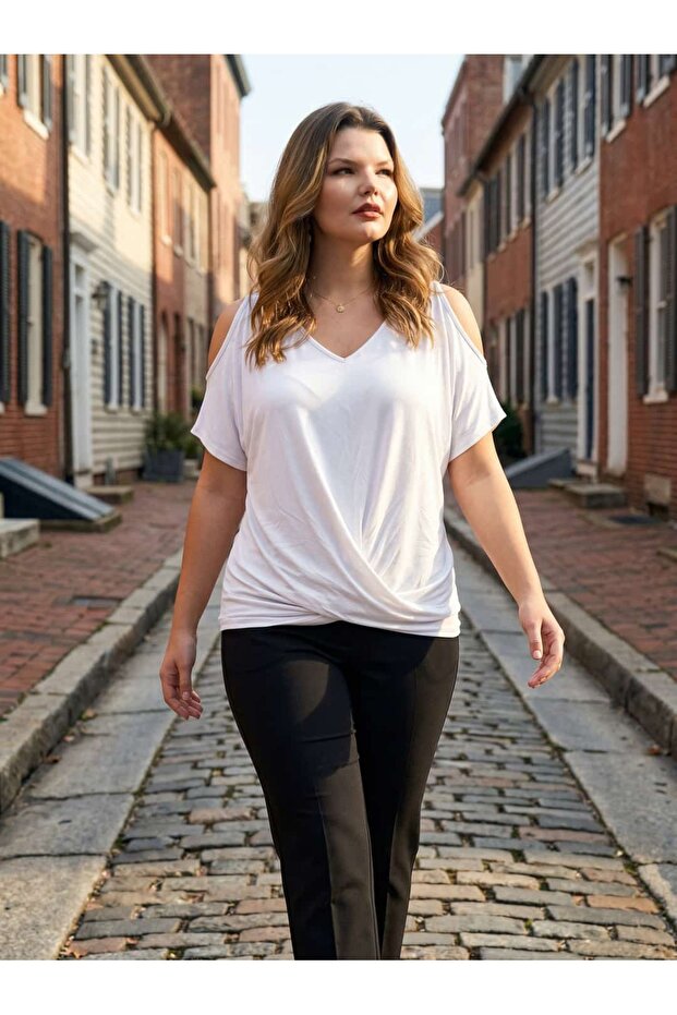 Women's White Knot Detailed Plus Size Blouse
