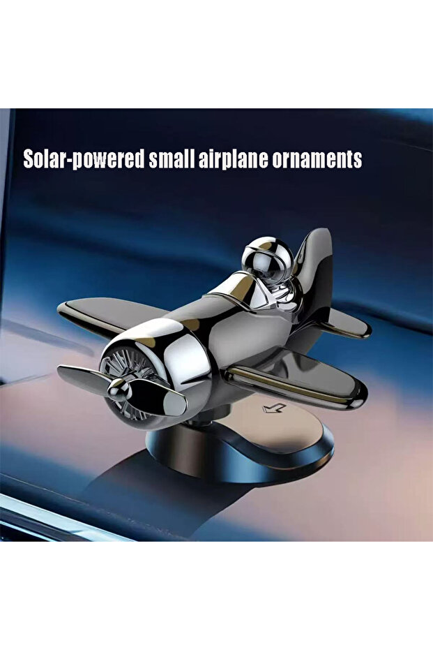 Black 1pc Solar Powered Rotating Airplane Car Dashboard Ornament 360° Auto Spin Decor Airplane Ornam