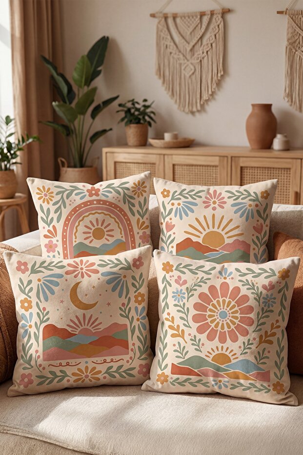 Abstract Sunset Patterned 4-Piece Throw Pillow Cover Set