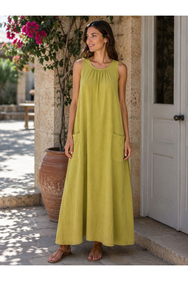 Women's Oil Green 100% Cotton Muslin Fabric Long Dress with Pockets