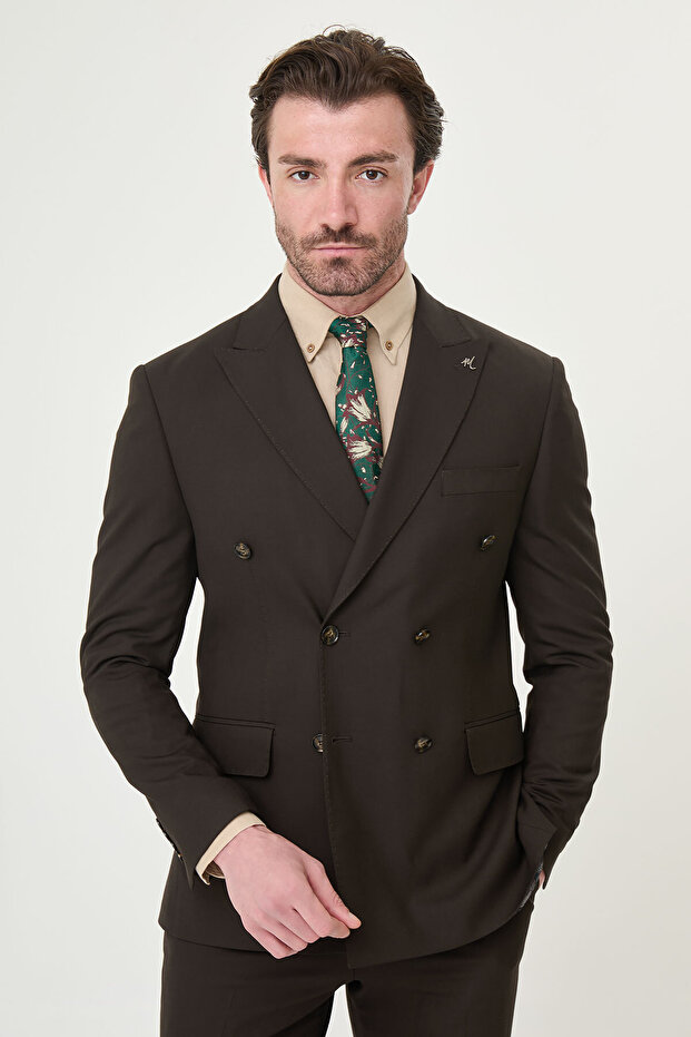 Straight Slim Fit Wide Collar Double Breasted Men's Suit Brown - 45476.26Y