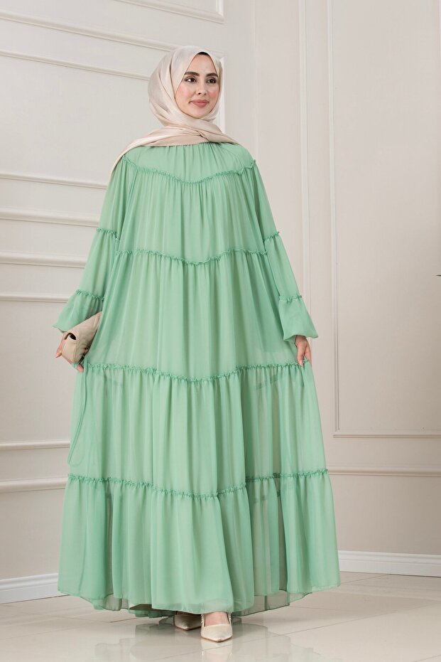 Magnolia Chiffon Dress with Peacock Motif-Mint Green