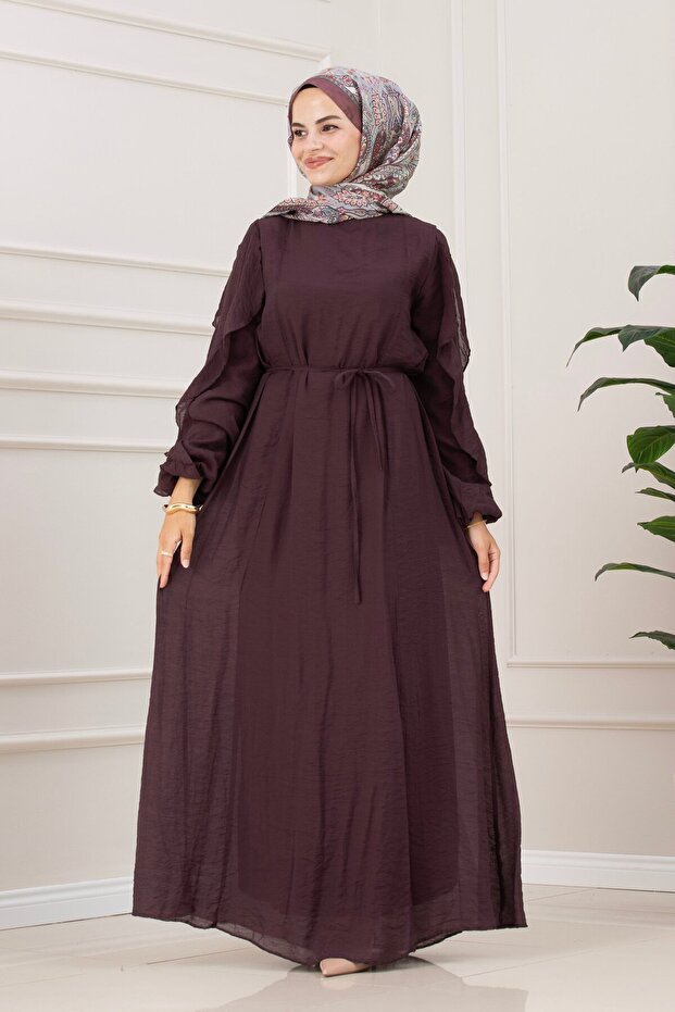 Simay Dress with Ruffle Detail on the Sleeves-Mürdüm