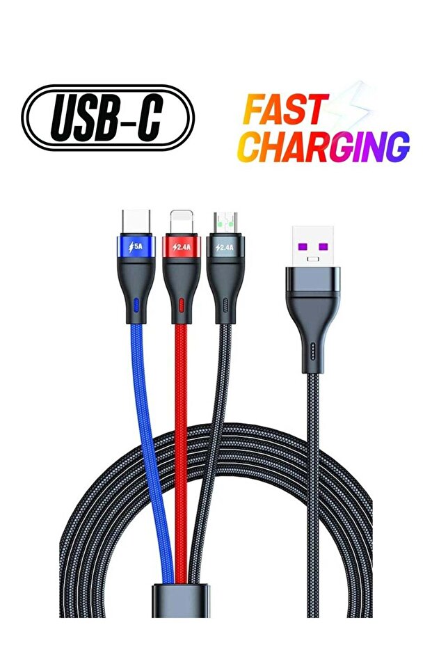 3 in 1 Charger Cable 3FT/1M Nylon Braided 5A Fast Charge Cable with iP Micro USB Type-C Compatible with Cell Phones Tablets